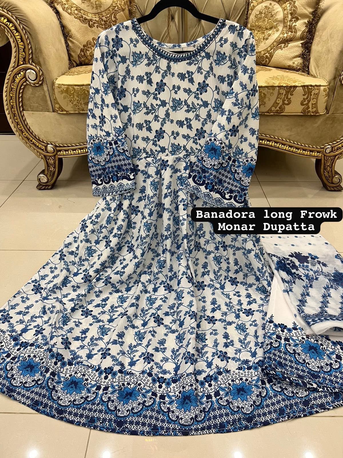 Faroza Collection Haniya Aamir Inspired Blue Digital Print 3-Piece Maxi Suit - Eid Collection