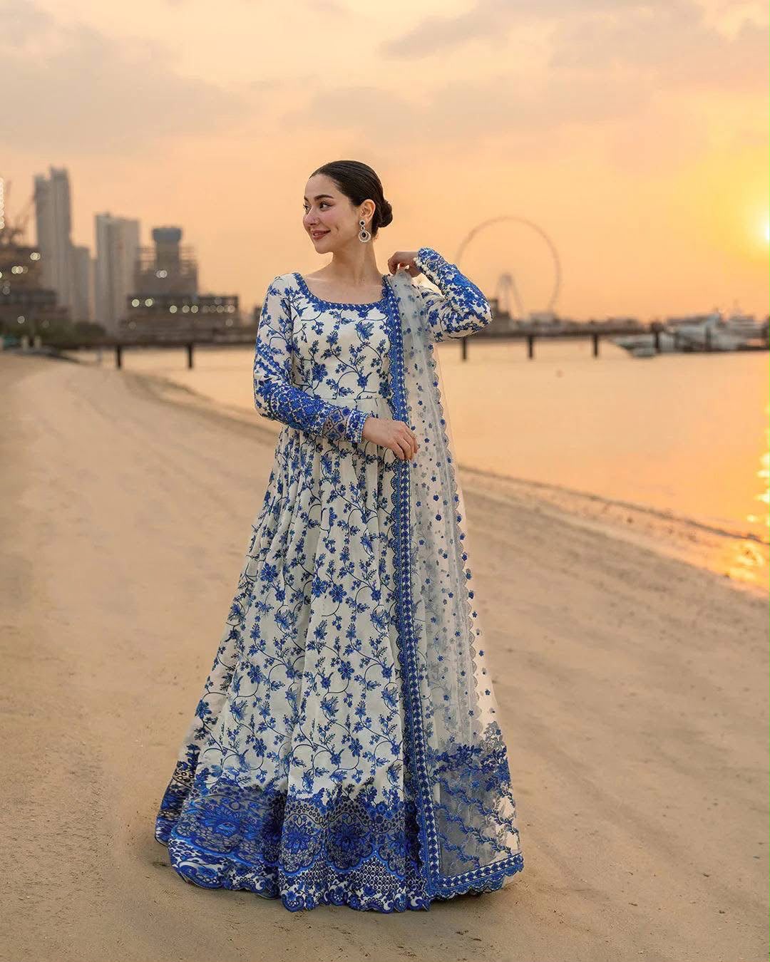 Faroza Collection Haniya Aamir Inspired Blue Digital Print 3-Piece Maxi Suit - Eid Collection alternate view