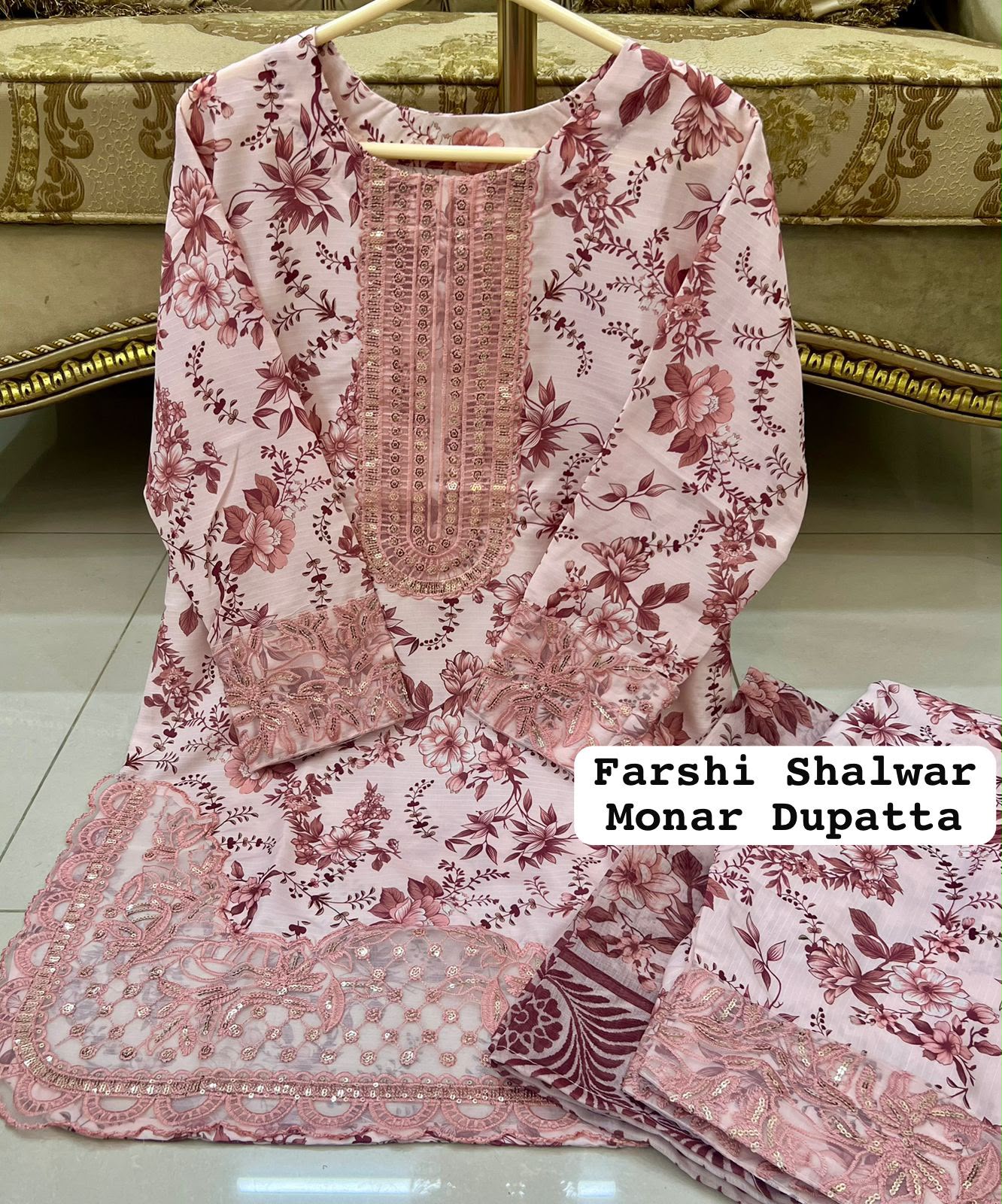 Peach Colour Farshi Shalwar 3 pc Stitched Banadora Suit by Faroza Collection Avaliable in 12 More Colours alternate view
