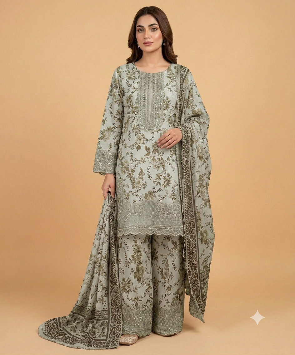 Green Colour Farshi Shalwar 3 pc Stitched Banadora Suit by Faroza Collection Avaliable in 12 More Colours