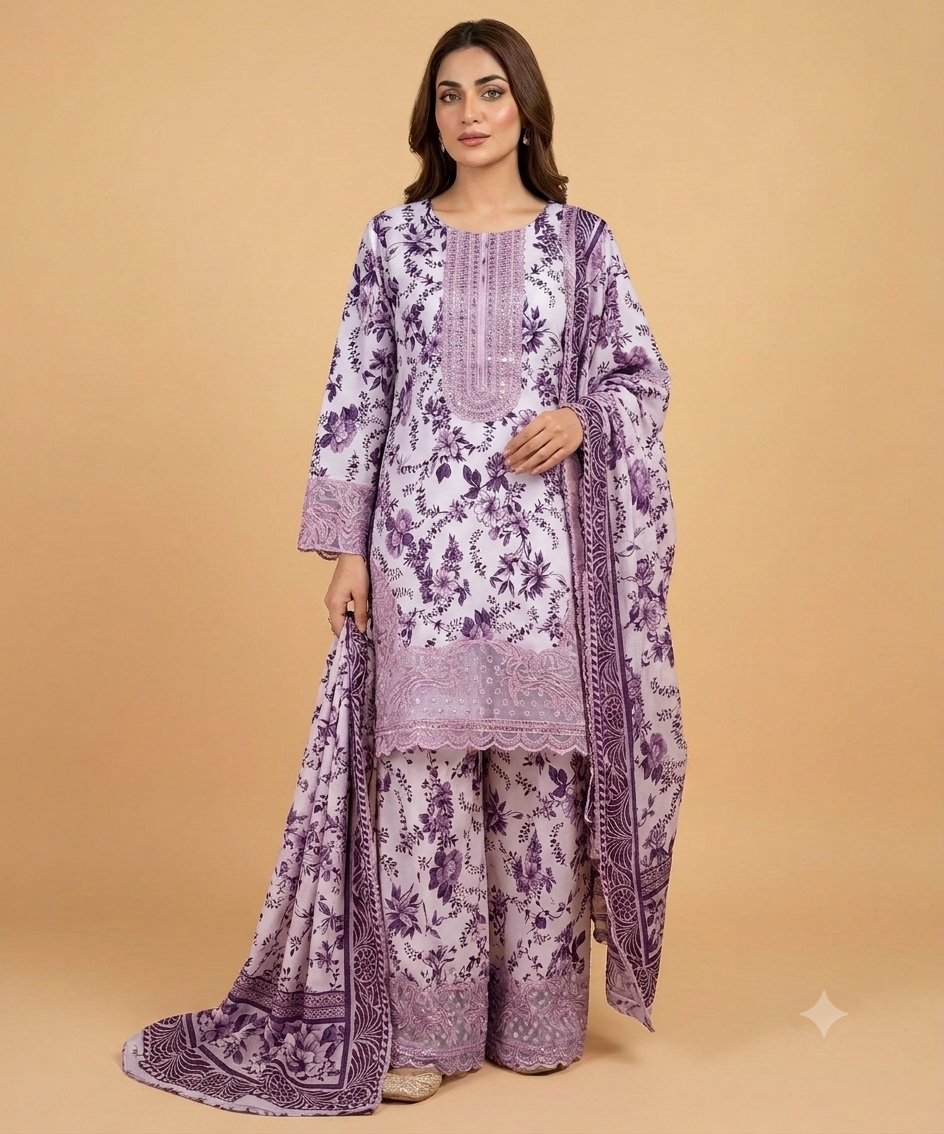 Lavendor Colour Farshi Shalwar 3 pc Stitched Banadora Suit by Faroza Collection Avaliable in 12 More Colours