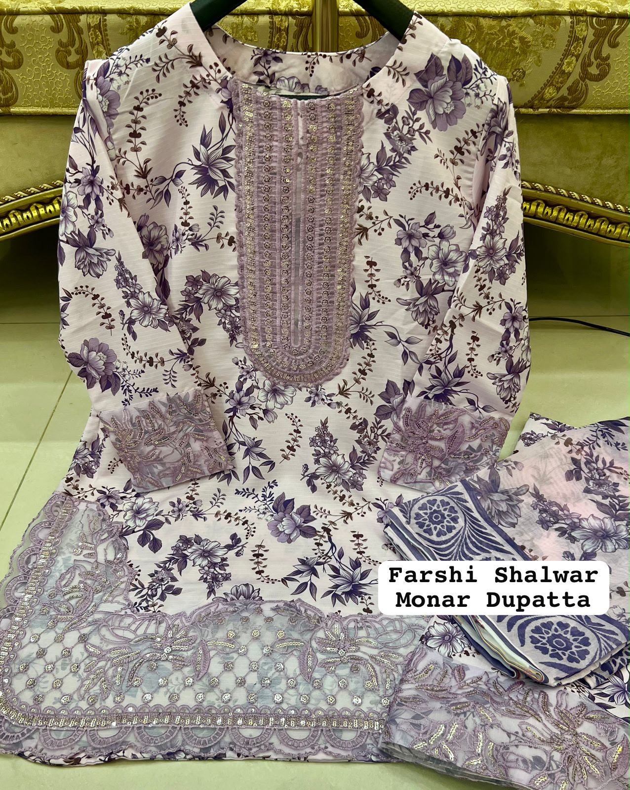 Lavendor Colour Farshi Shalwar 3 pc Stitched Banadora Suit by Faroza Collection Avaliable in 12 More Colours alternate view
