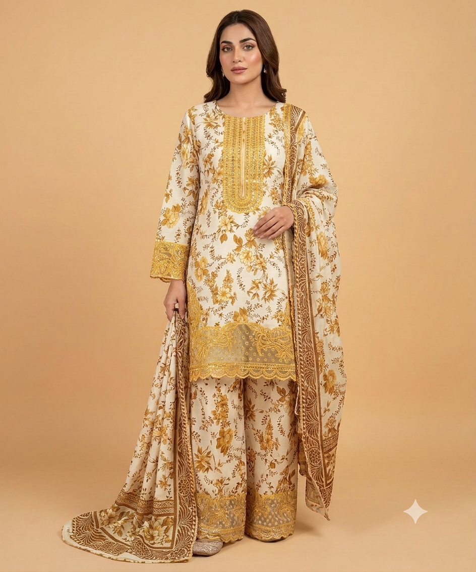 Yellow Colour Farshi Shalwar 3 pc Stitched Banadora Suit by Faroza Collection Avaliable in 12 More Colours