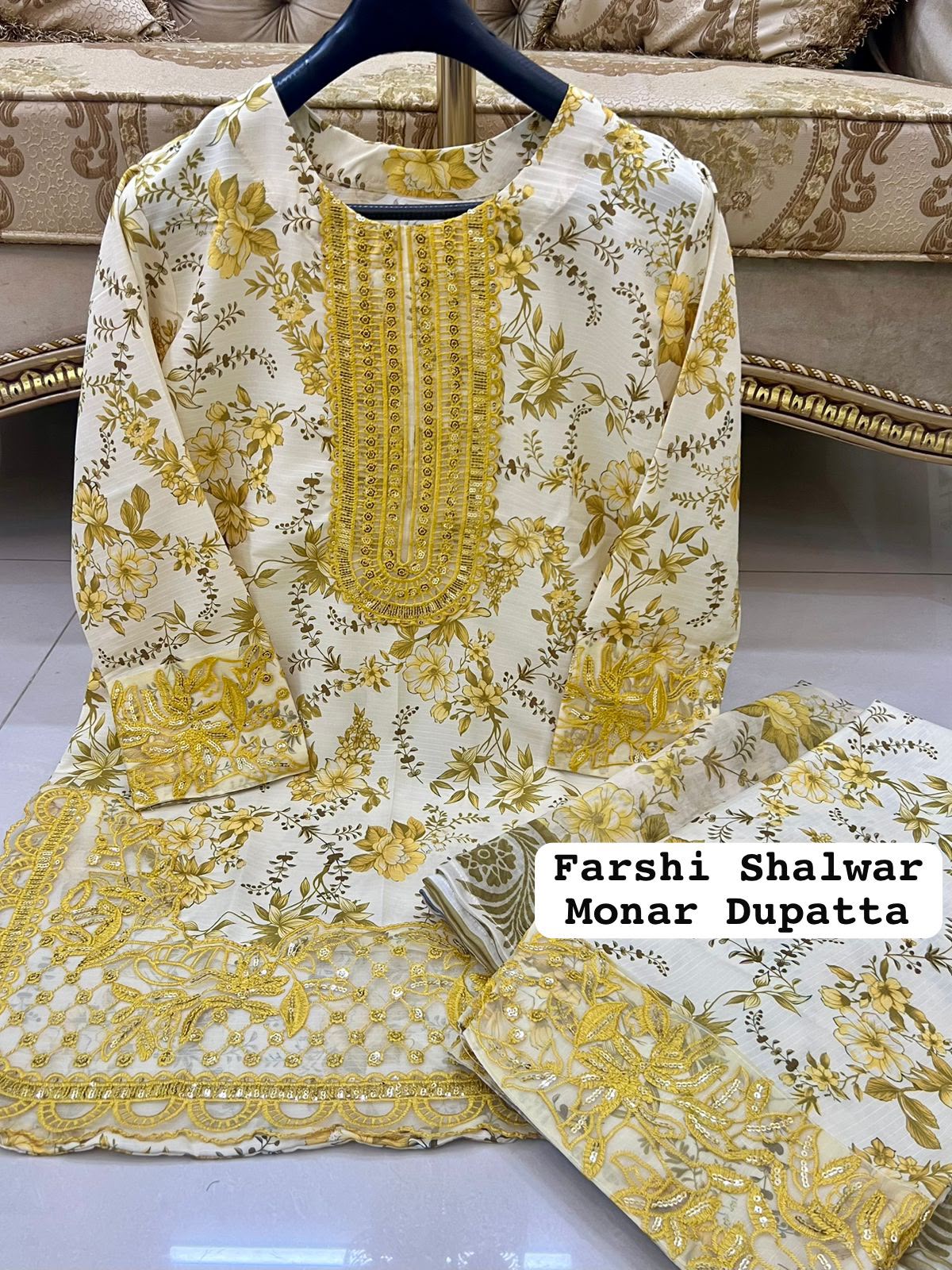 Yellow Colour Farshi Shalwar 3 pc Stitched Banadora Suit by Faroza Collection Avaliable in 12 More Colours alternate view