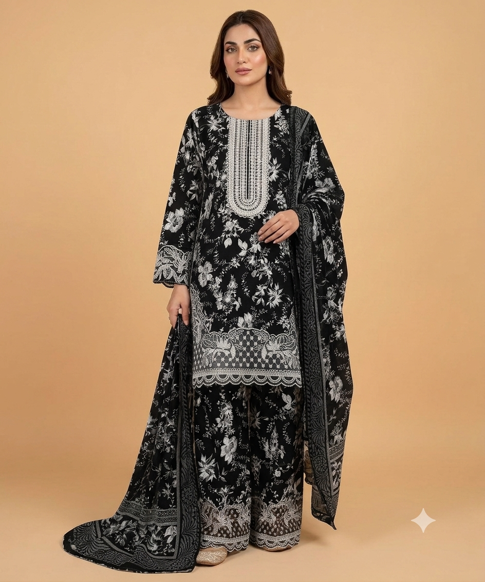 Black Colour Farshi Shalwar 3 pc Stitched Banadora Suit by Faroza Collection Avaliable in 12 More Colours