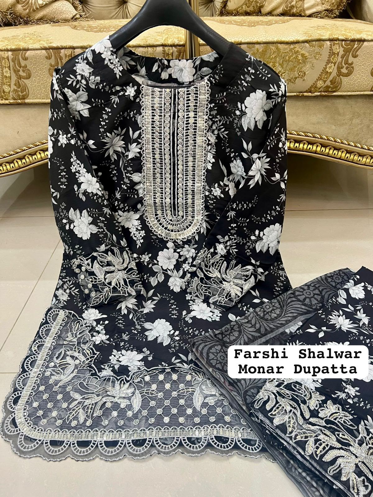 Black Colour Farshi Shalwar 3 pc Stitched Banadora Suit by Faroza Collection Avaliable in 12 More Colours alternate view