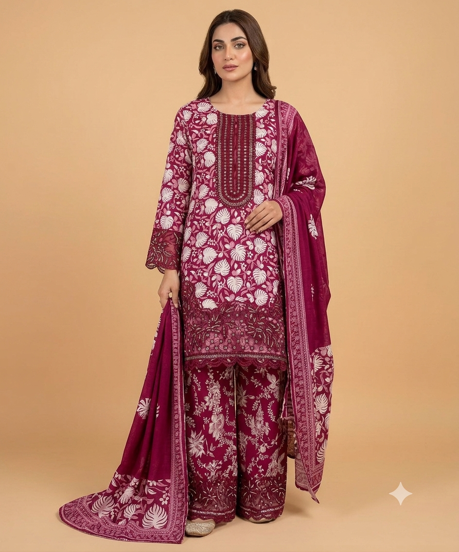 Shocking pink Colour Farshi Shalwar 3 pc Stitched Banadora Suit by Faroza Collection Avaliable in 12 More Colours