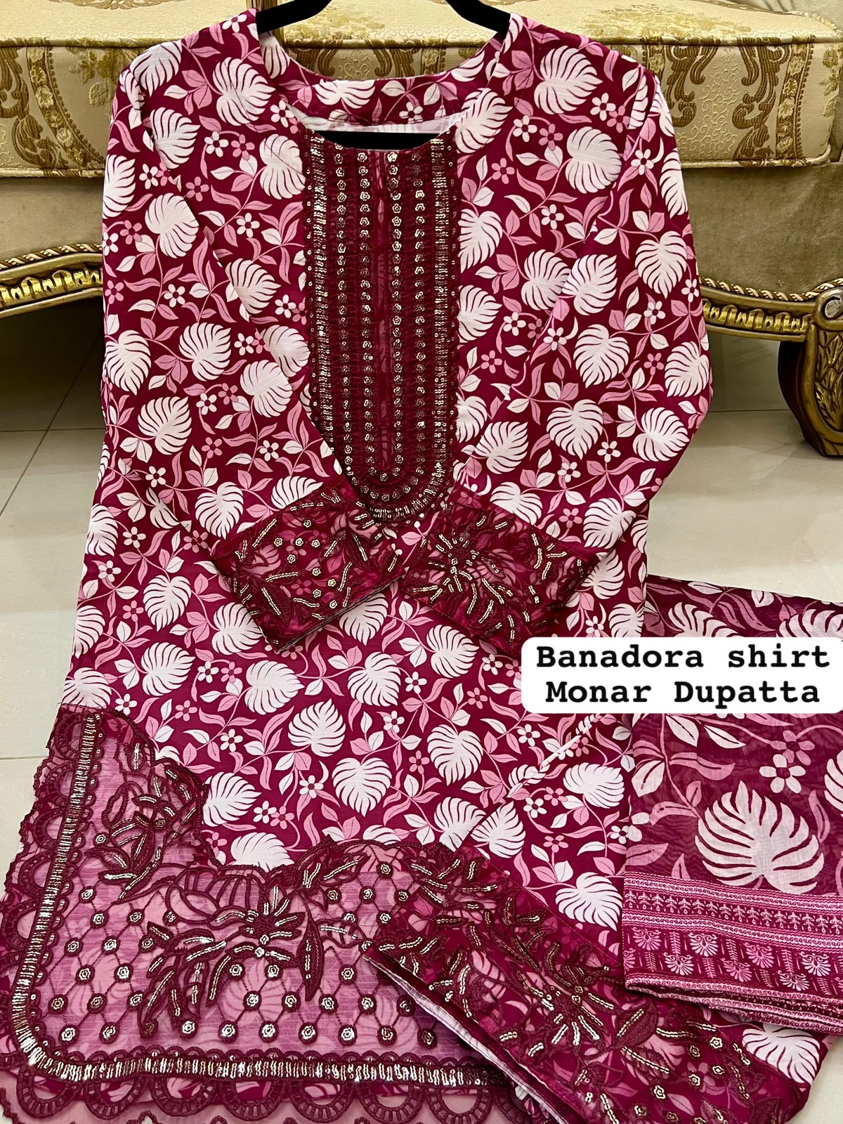 Shocking pink Colour Farshi Shalwar 3 pc Stitched Banadora Suit by Faroza Collection Avaliable in 12 More Colours alternate view