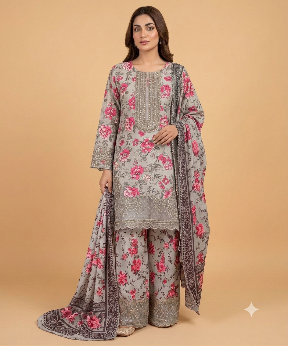Rose Gold Colour Farshi Shalwar 3 pc Stitched Banadora Suit by Faroza Collection Avaliable in 12 More Colours