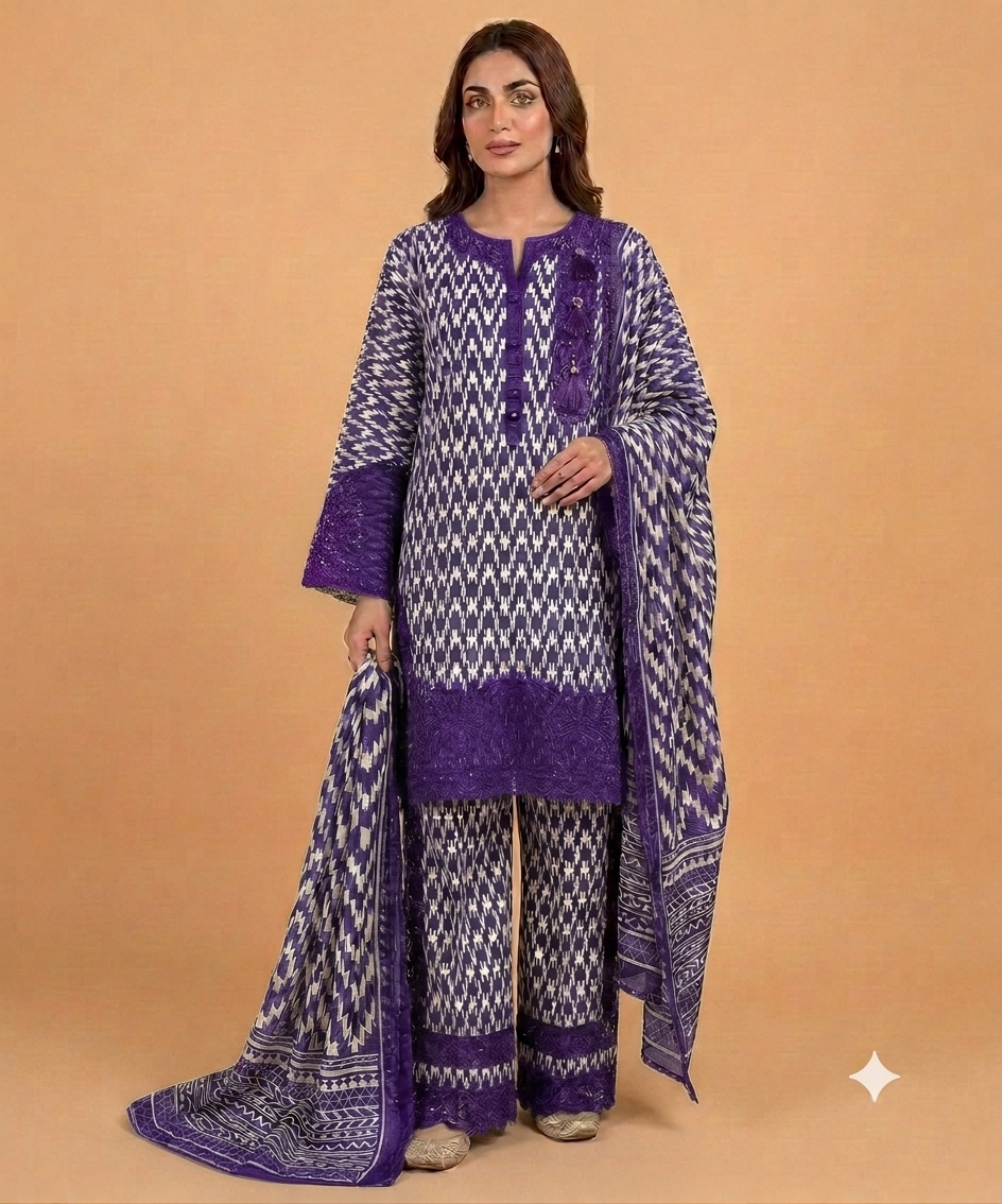 Purple Color Banadora 3-pc Digital Printed Suit With Monar Duppata Available in Different Colours