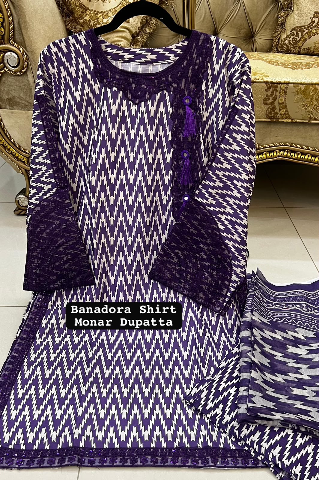 Purple Color Banadora 3-pc Digital Printed Suit With Monar Duppata Available in Different Colours alternate view