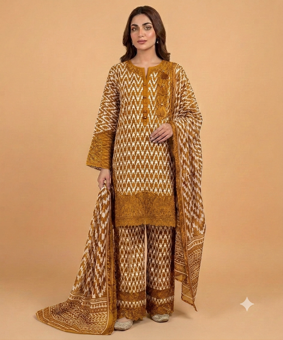 Yellow Color Banadora 3-pc Digital Printed Suit With Monar Duppata Available in Different Colours