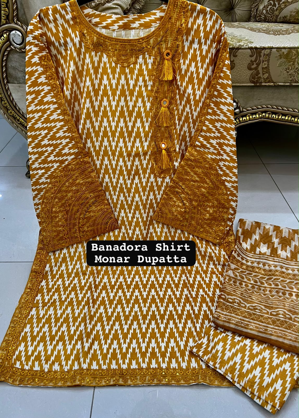 Yellow Color Banadora 3-pc Digital Printed Suit With Monar Duppata Available in Different Colours alternate view