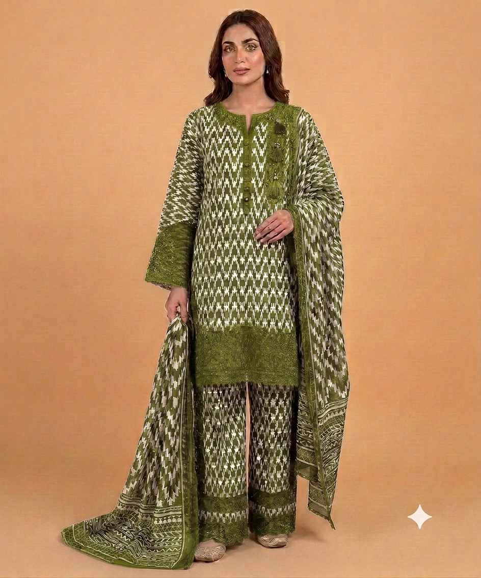 Green Color Banadora 3-pc Digital Printed Suit With Monar Duppata Available in Different Colours