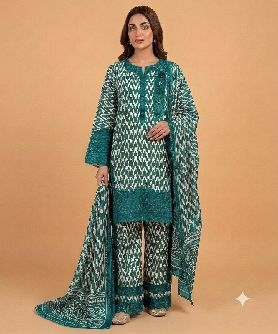 Sea Green Color Banadora 3-pc Digital Printed Suit With Monar Duppata Available in Different Colours