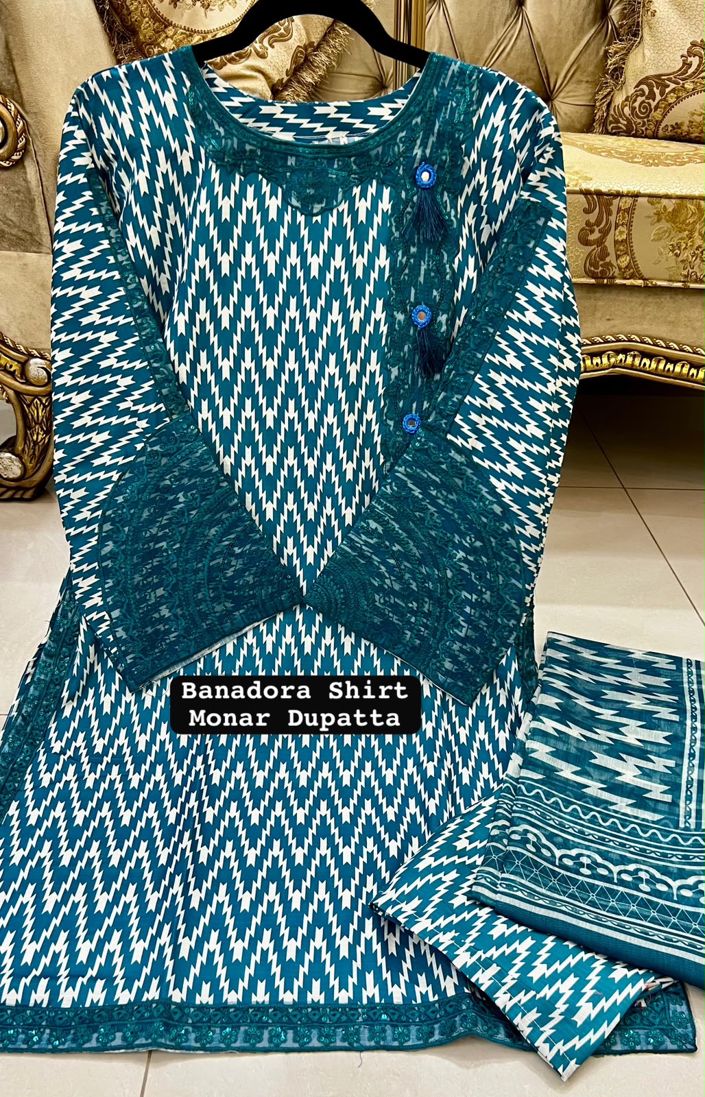 Sea Green Color Banadora 3-pc Digital Printed Suit With Monar Duppata Available in Different Colours alternate view
