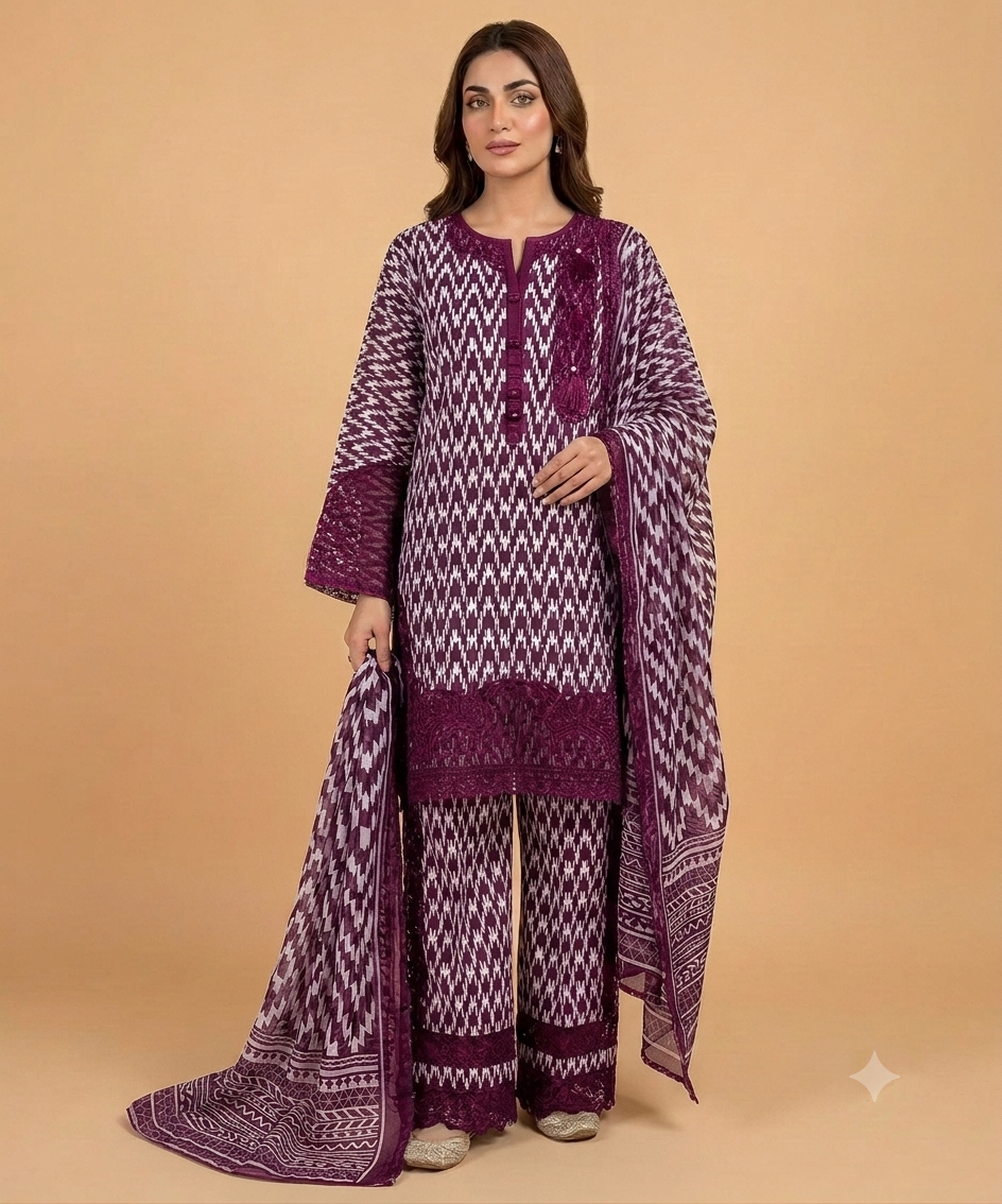 Blonde Color Banadora 3-pc Digital Printed Suit With Monar Duppata Available in Different Colours