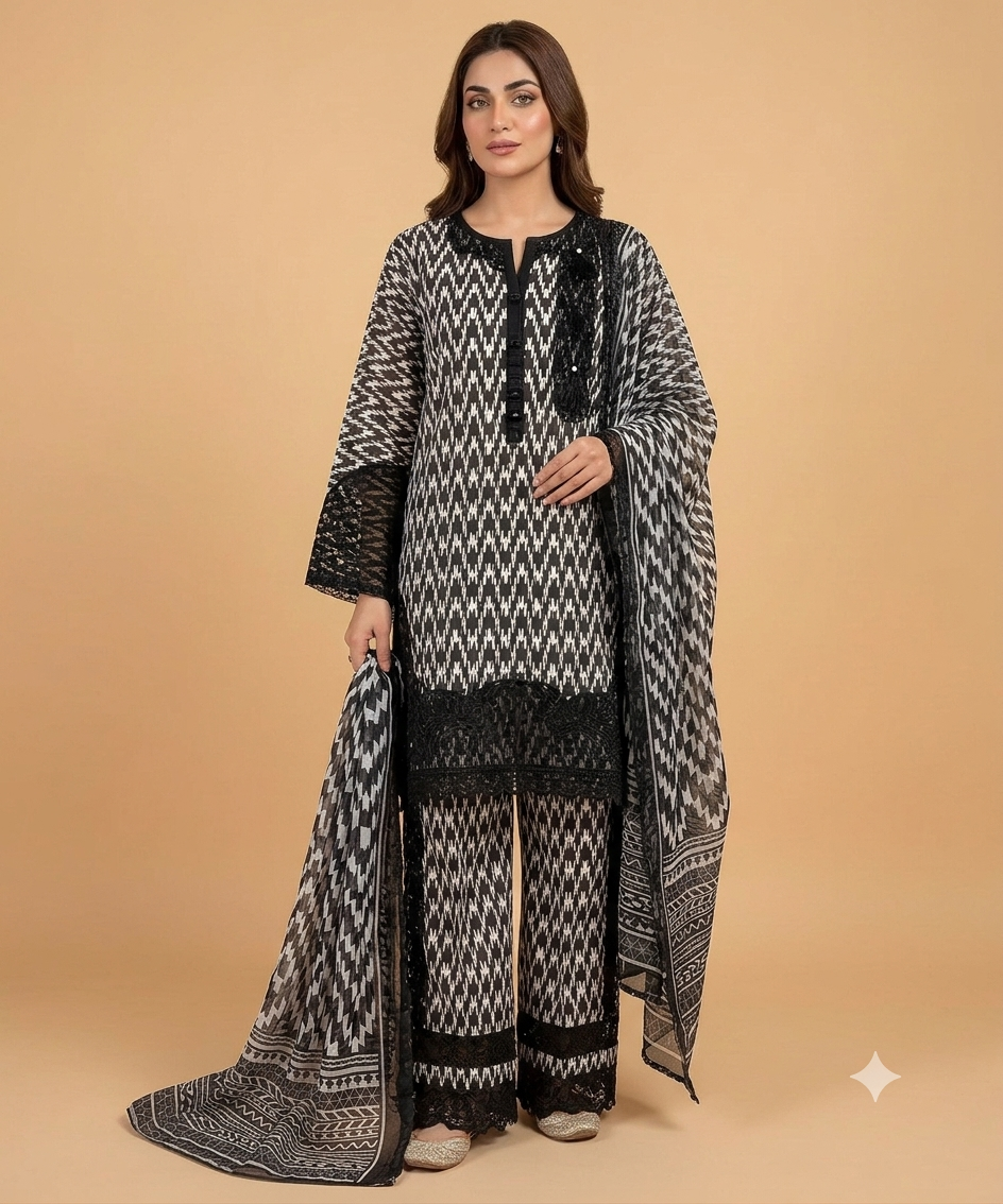 Black Color Banadora 3-pc Digital Printed Suit With Monar Duppata Available in Different Colours