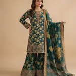 Green Colour  Embroidered Daman + Gala Stitched Bandora 3 pc  Suit With Monar Duppata by Faroza Collection 1