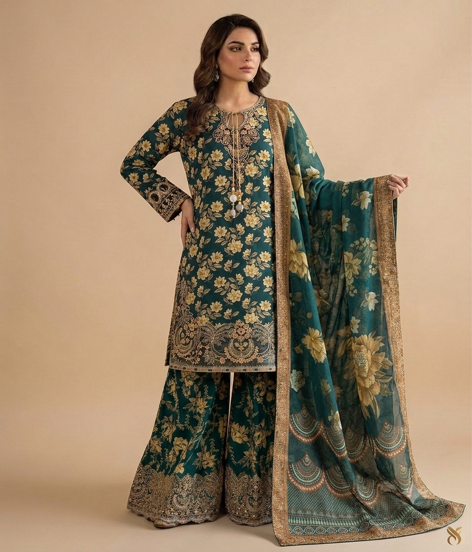 Green Colour Embroidered Daman + Gala Stitched Bandora 3 pc Suit With Monar Duppata by Faroza Collection