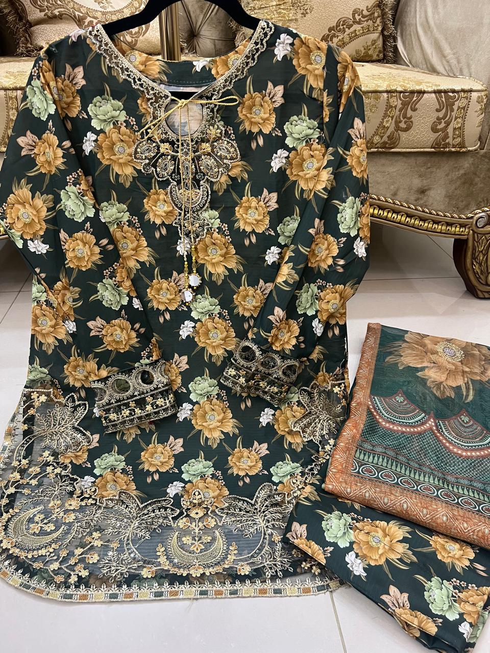 Green Colour Embroidered Daman + Gala Stitched Bandora 3 pc Suit With Monar Duppata by Faroza Collection alternate view