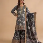 Grey Colour Embroidered Daman + Gala Stitched Bandora 3 pc Suit With Monar Duppata by Faroza Collection 1