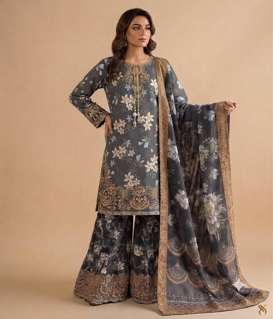 Grey Colour Embroidered Daman + Gala Stitched Bandora 3 pc Suit With Monar Duppata by Faroza Collection