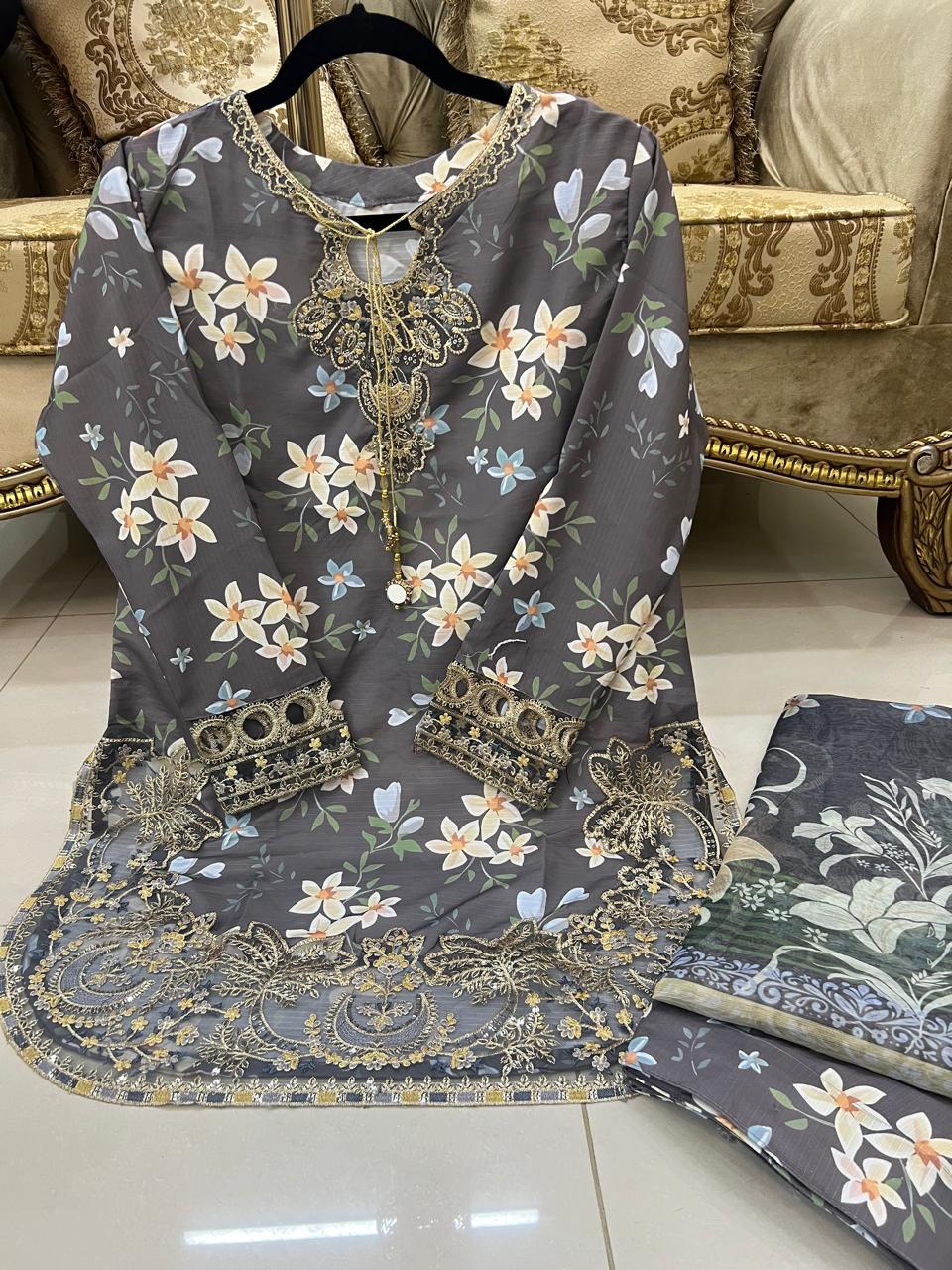 Grey Colour Embroidered Daman + Gala Stitched Bandora 3 pc Suit With Monar Duppata by Faroza Collection alternate view