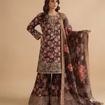Brown Colour  Embroidered Daman + Gala Stitched Bandora 3 pc  Suit With Monar Duppata by Faroza Collection 1