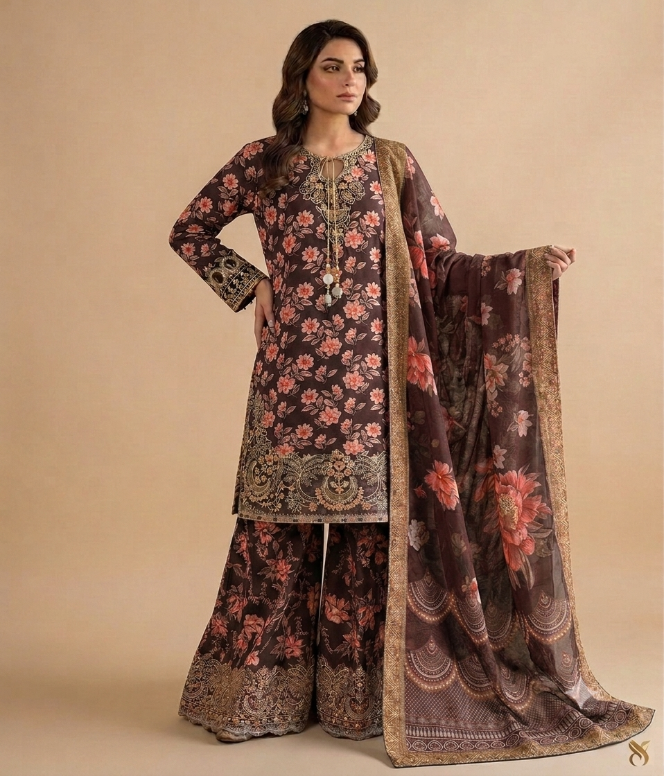Brown Colour  Embroidered Daman + Gala Stitched Bandora 3 pc  Suit With Monar Duppata by Faroza Collection