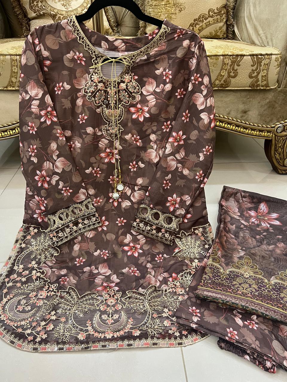 Brown Colour  Embroidered Daman + Gala Stitched Bandora 3 pc  Suit With Monar Duppata by Faroza Collection alternate view
