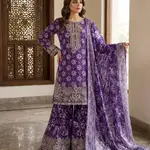 Purple Colour  Embroidered Daman + Gala Stitched Bandora 3 pc  Suit With Monar Duppata by Faroza Collection 1