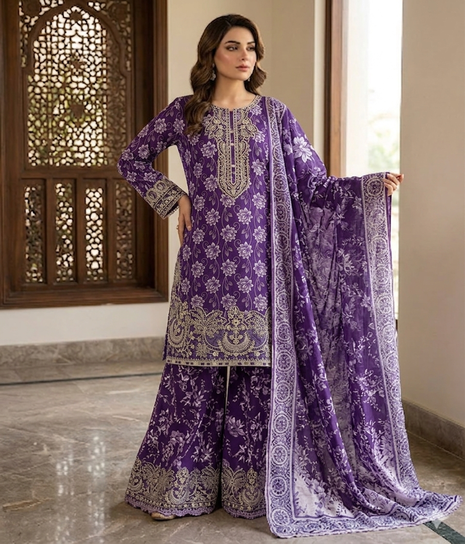 Purple Colour  Embroidered Daman + Gala Stitched Bandora 3 pc  Suit With Monar Duppata by Faroza Collection