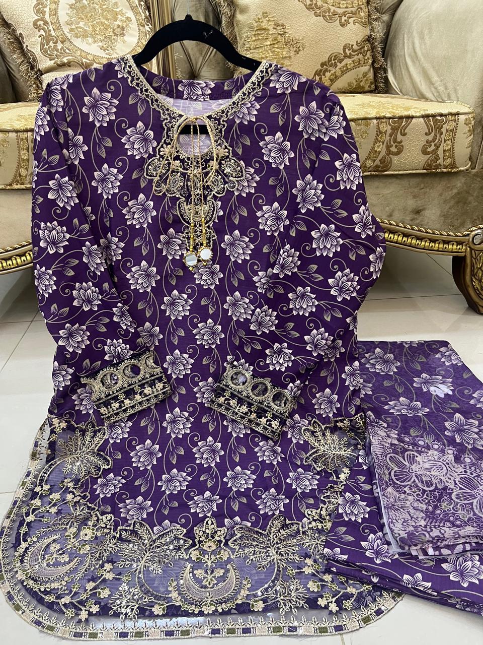 Purple Colour  Embroidered Daman + Gala Stitched Bandora 3 pc  Suit With Monar Duppata by Faroza Collection alternate view