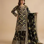 Black Colour  Embroidered Daman + Gala Stitched Bandora 3 pc  Suit With Monar Duppata by Faroza Collection 1