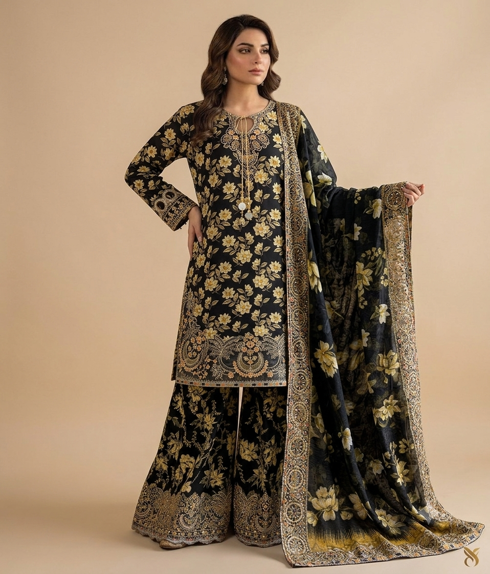 Black Colour Embroidered Daman + Gala Stitched Bandora 3 pc Suit With Monar Duppata by Faroza Collection