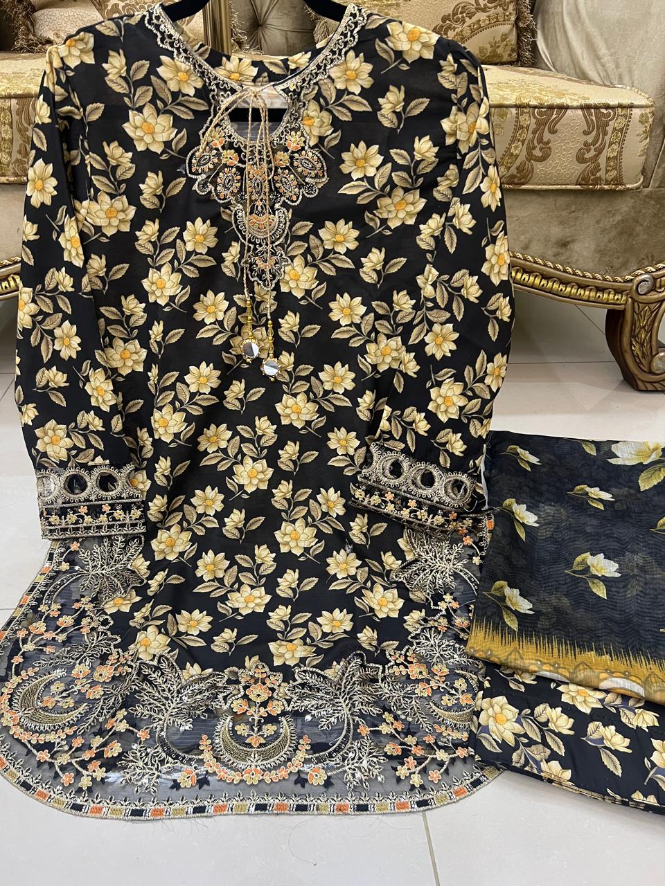 Black Colour Embroidered Daman + Gala Stitched Bandora 3 pc Suit With Monar Duppata by Faroza Collection alternate view