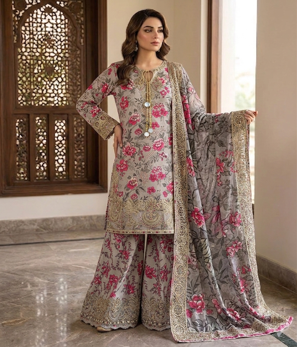 Rose Gold Colour  Embroidered Daman + Gala Stitched Bandora 3 pc  Suit With Monar Duppata by Faroza Collection