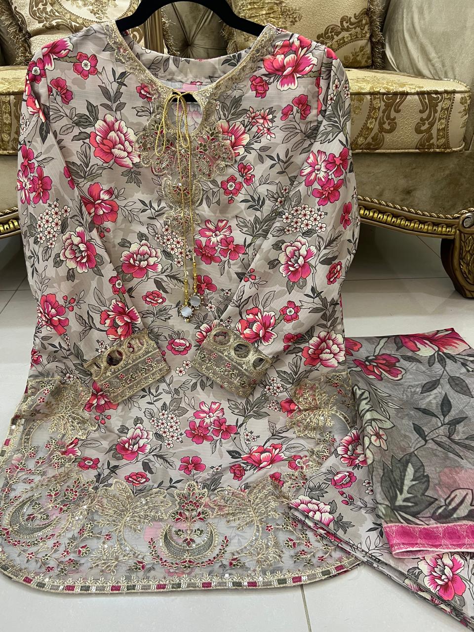 Rose Gold Colour  Embroidered Daman + Gala Stitched Bandora 3 pc  Suit With Monar Duppata by Faroza Collection alternate view