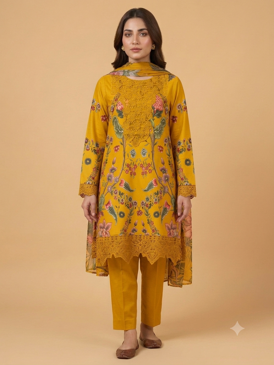 Yellow Colour Embroidered 3 Pc Stitched Banadora Suit With Digital Printed Monar Duppata.