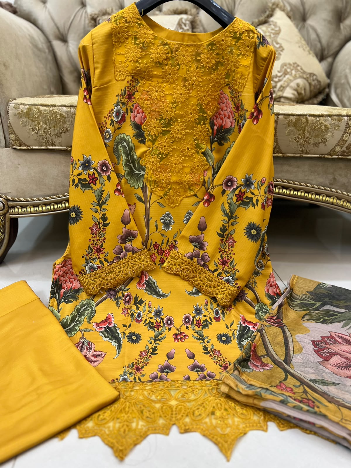 Yellow Colour Embroidered 3 Pc Stitched Banadora Suit With Digital Printed Monar Duppata. alternate view