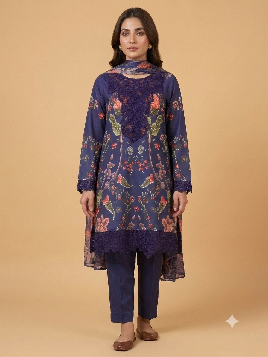 Purple Colour Embroidered 3 Pc Stitched Banadora Suit With Digital Printed Monar Duppata.