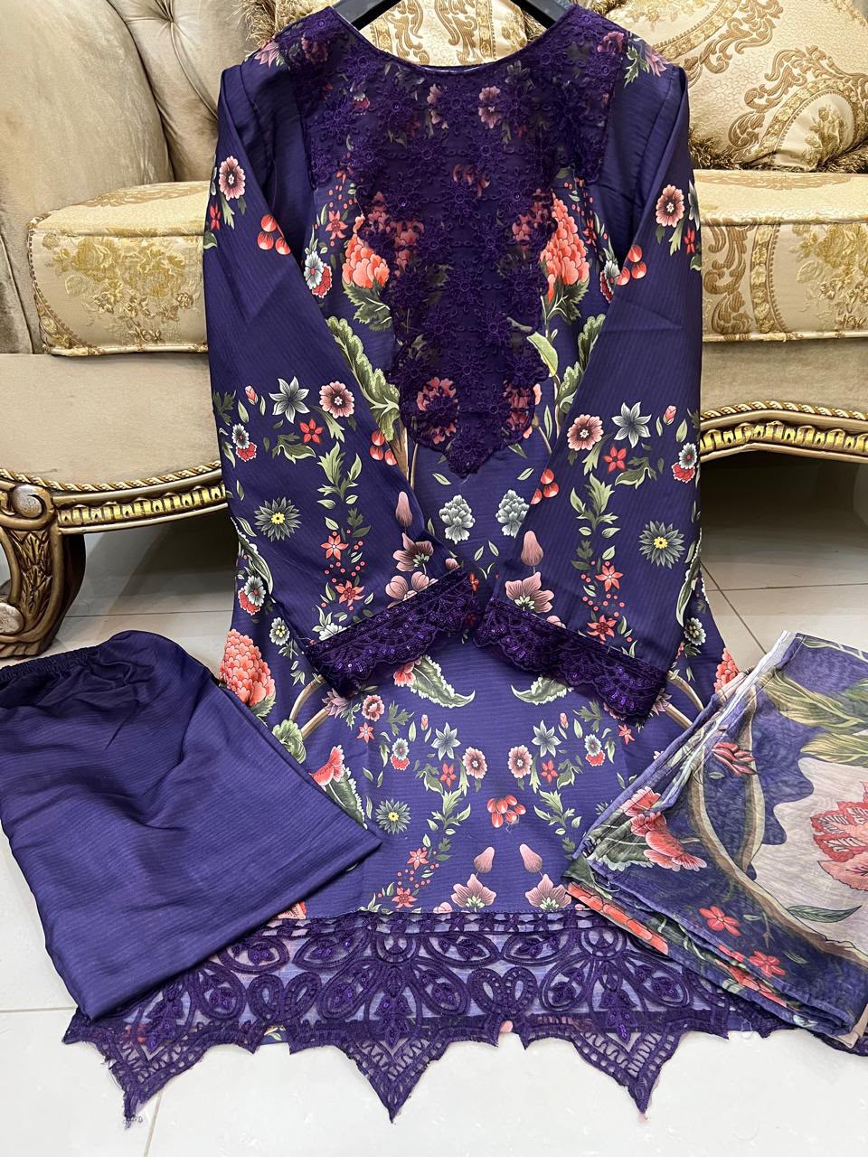 Purple Colour Embroidered 3 Pc Stitched Banadora Suit With Digital Printed Monar Duppata. alternate view