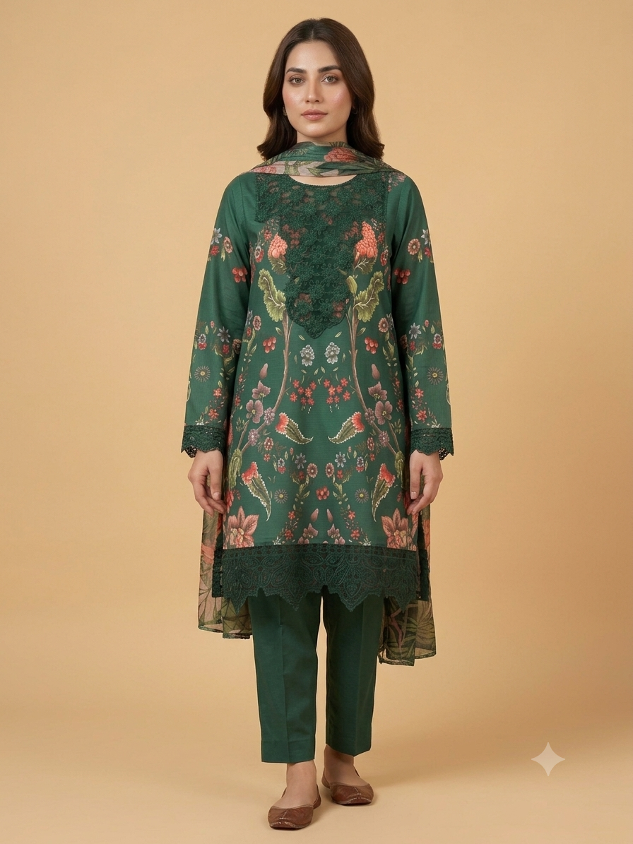 Green Colour Embroidered 3 Pc Stitched Banadora Suit With Digital Printed Monar Duppata.