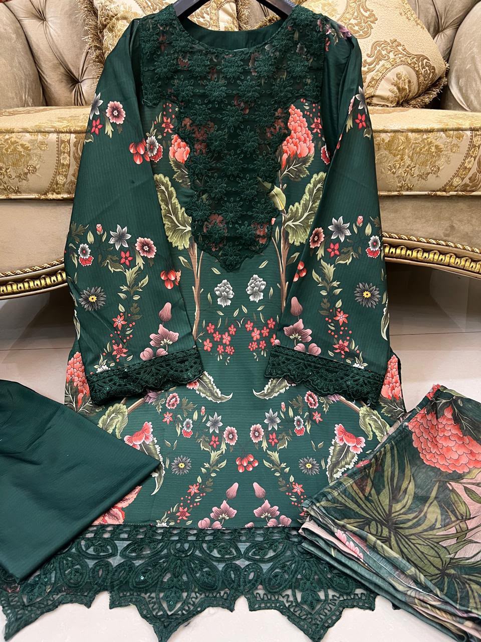 Green Colour Embroidered 3 Pc Stitched Banadora Suit With Digital Printed Monar Duppata. alternate view