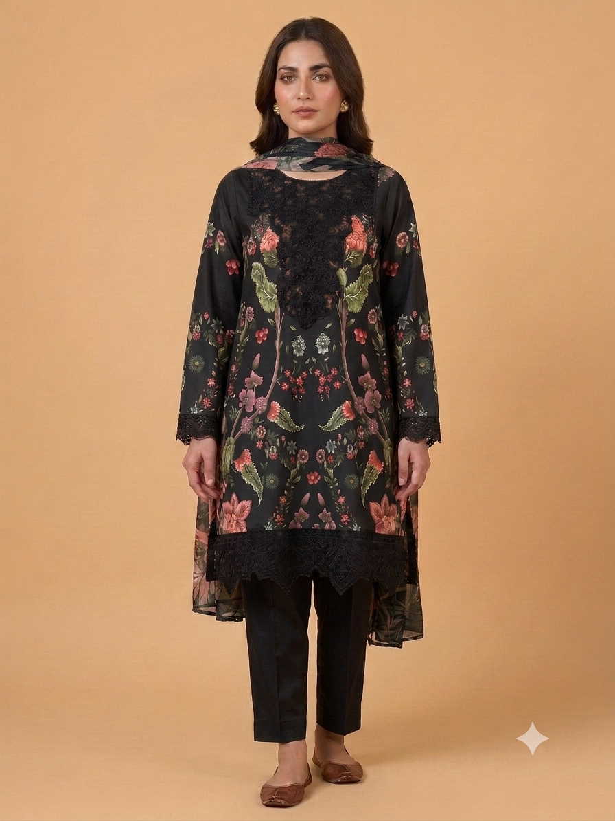 Black Colour Embroidered 3 Pc Stitched Banadora Suit With Digital Printed Monar Duppata.