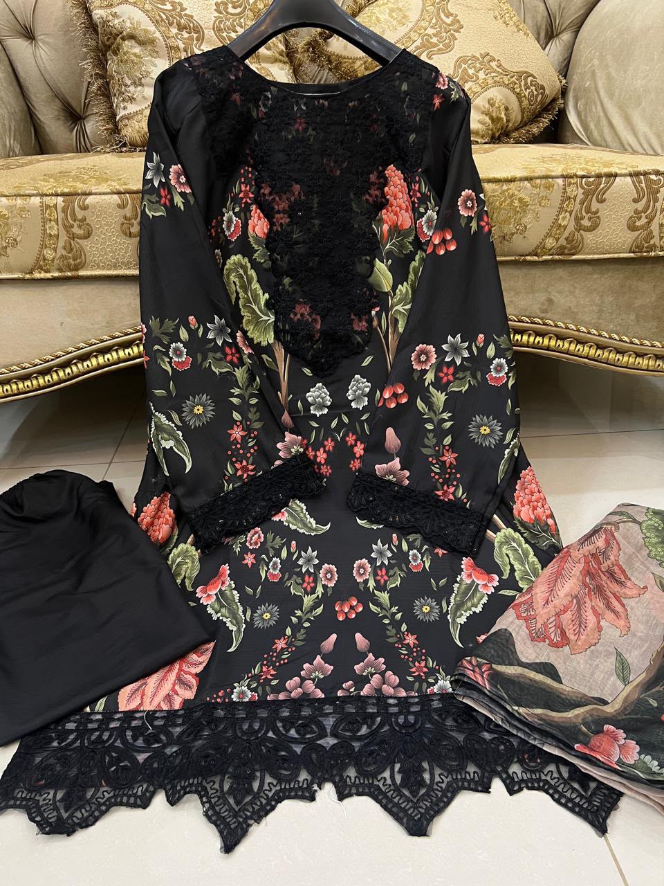 Black Colour Embroidered 3 Pc Stitched Banadora Suit With Digital Printed Monar Duppata. alternate view
