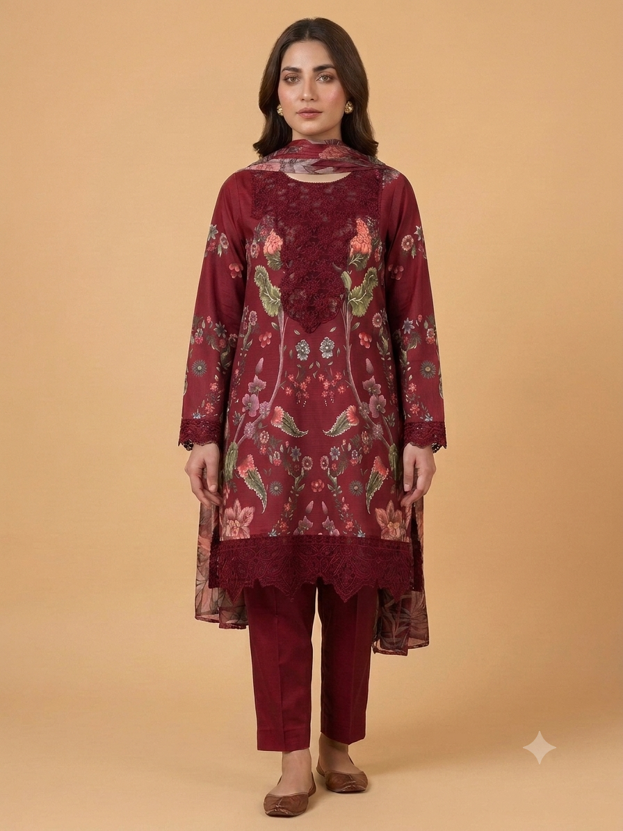 RED.Colour Embroidered 3 Pc Stitched Banadora Suit With Digital Printed Monar Duppata.