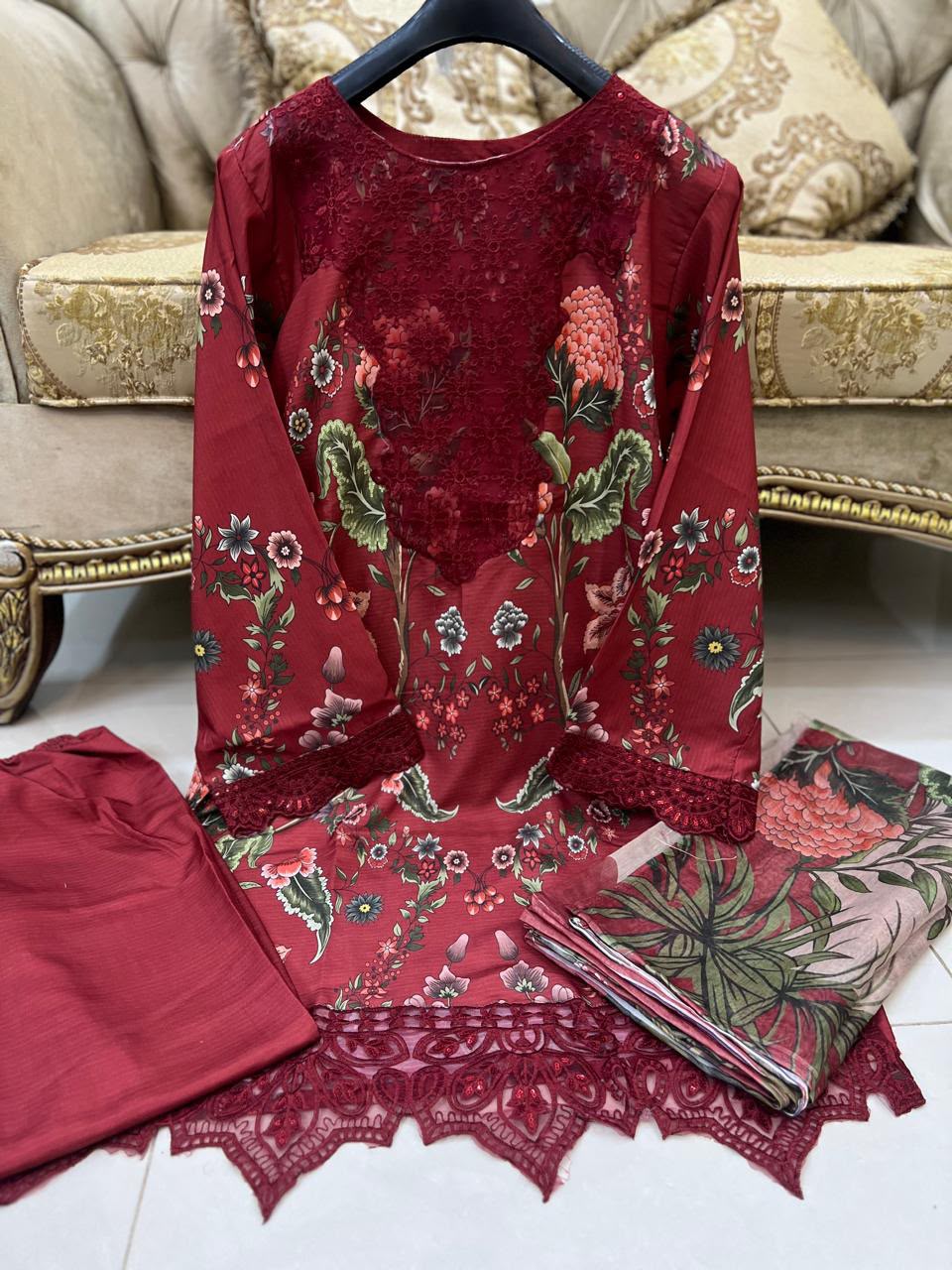 RED.Colour Embroidered 3 Pc Stitched Banadora Suit With Digital Printed Monar Duppata. alternate view