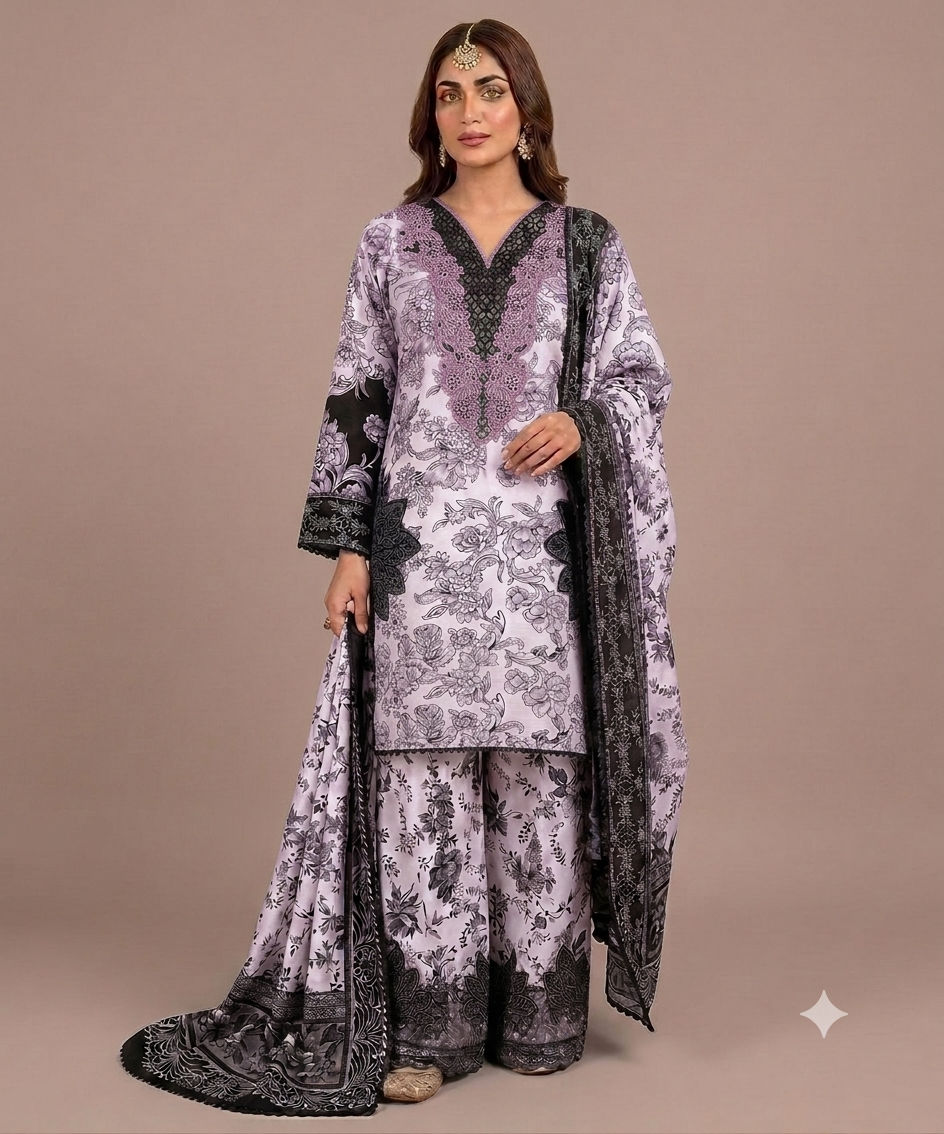 Purple Colour Banadora Embroidered 3 Pc Stitched Suit Bunch Design With Digital printed Monar Duppata